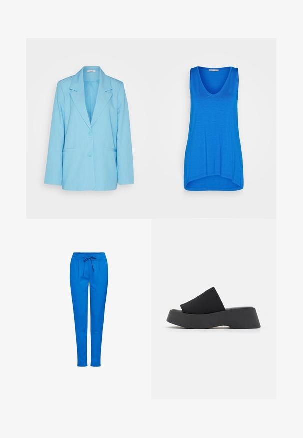 mbyM ADISON - Blazer - air blue melange; Anna Field by Zalando Top - blue; Blauwe joggers gemaakt van een zachte stof, met een elastische tailleband met een trekkoord, twee voorzakken en een taps toelopend ontwerp.; Call it Spring VENISE B.E.D FOAM - Muiltjes met hak - black