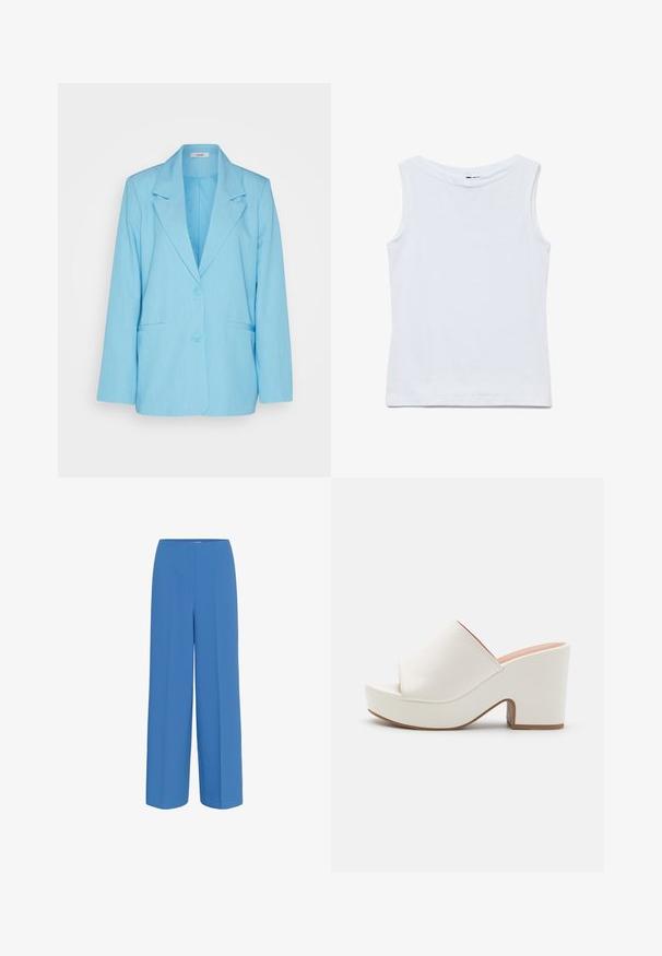 mbyM ADISON - Blazer - air blue melange; Ærmeløs hvid bomuldstop med bred rund halsudskæring og lige kant, vist fladt på en hvid baggrund.; Blå brede bukser lavet af glat stof, med en frontfold og flad talje uden synlige lukninger.; Hvide platformmules med en glat overflade, åben tå-design og en kraftig hæl. Har en subtil overfladiskøm og en kontrastfarvet sål.
