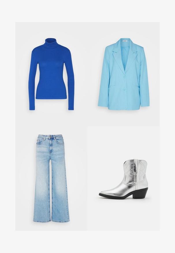 mbyM ADISON - Blazer - air blue melange; Top de cuello alto de manga larga azul fabricado en material acanalado, con una silueta ajustada y textura suave. No se presentan detalles adicionales.; Vaqueros de pierna ancha de tiro alto en azul claro con cierre frontal de botón y cremallera, presillas para cinturón y diseño clásico de cinco bolsillos.; Botas de vaquero de cuero plateado con puntera afilada, detalles bordados en el eje y un tacón negro moderado. Superficie lisa y brillante.