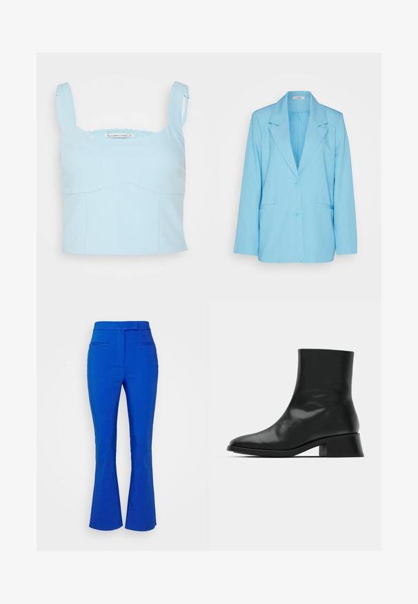 mbyM ADISON - Σακάκι - air blue melange; Abercrombie & Fitch BARE TAILORING CORSET - Μπλούζα - crystal blue; b.young BYDELONA PANTS - Παντελόνι - nautical blue; Μαύρη ankle μποτάκια από γυαλιστερό δέρμα, με κομψό σχέδιο, μυτερή μύτη και μεσαίο τετράγωνο τακούνι για σταθερότητα.