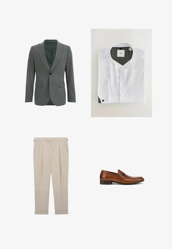 Blazer gris ajusté avec une fermeture à un bouton, coupe slim, deux poches avant et revers crantés. Intérieur doublé dans une teinte plus sombre.; Chemise blanche à manches longues avec un tissu texturé, pliée soigneusement. Le col intérieur présente un motif vert avec des cercles dorés. Étiquette de marque visible.; Pantalon beige sur mesure avec bretelles ajustables sur les côtés, plis, poches latérales et ourlets retroussés, présenté à plat sur un fond blanc.; Mocassins en cuir marron avec un bout arrondi, arborant une bride décorative noire sur le dessus. Semelle plate avec une texture lisse.