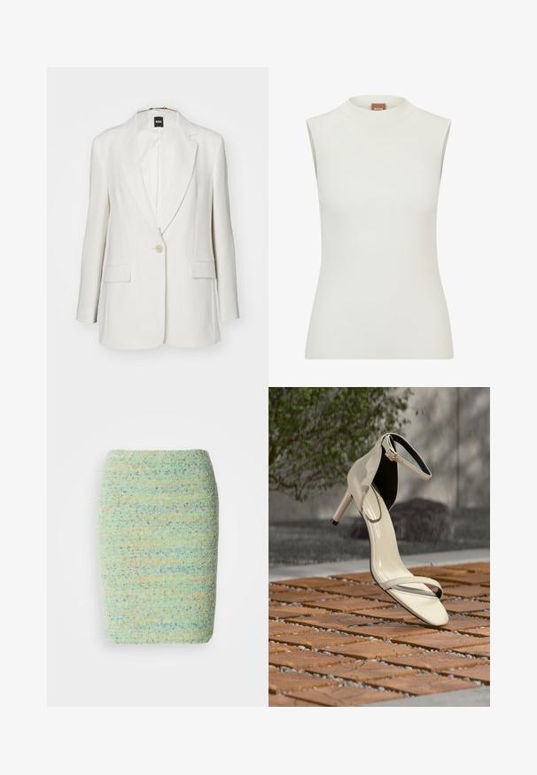 Hvid blazer med klapkrave, en enkelt knaplukning, to forlommer og glat stof med en struktureret silhuet.; Hvid, ærmeløs top med høj halsudskæring, der har en ribbet tekstur og et tætsiddende design. Brandlabel "BOSS" synlig på kraven.; Knelang nederdel lavet af struktureret, pletret stof i pastelfarvet grøn med nuancer af blå, orange og lilla.; Beige sandal med høj hæl og ankelrem stående på træsplinter udendørs, med sløret grønt område og betonbaggrund.