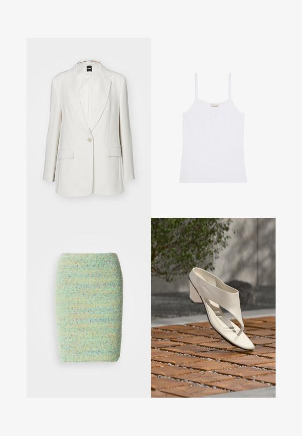 Hvid blazer med klapkrave, en enkelt knaplukning, to forlommer og glat stof med en struktureret silhuet.; Hvid Calvin Klein dame top med tynde skulderstropper og enkelt, tætsiddende design.; Knelang nederdel lavet af struktureret, pletret stof i pastelfarvet grøn med nuancer af blå, orange og lilla.; Hvid læderhæl sandal med bred rem og tåpost, vist udendørs på en overflade med træ og grusfliser med grønt i baggrunden.