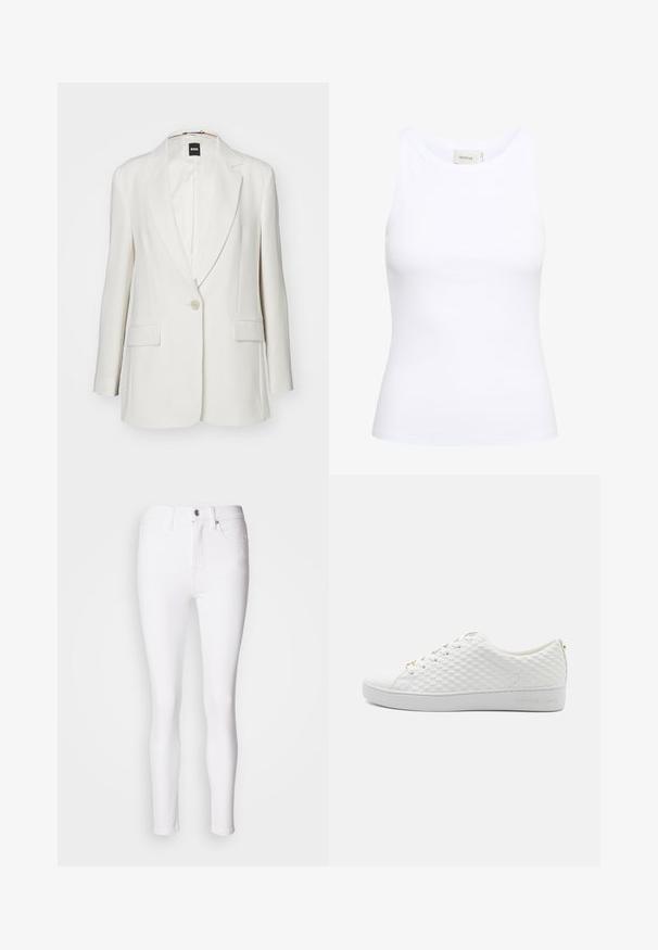 Blazer blanc avec revers crantés, fermeture à un bouton, deux poches avant et un tissu lisse au silhouette structurée.; Débardeur blanc côtelé avec un col rond et sans manches. Tissu extensible et design ajusté. Étiquette au dos indiquant "GESTUZ."; Jean skinny en denim blanc avec une taille haute, dotés d'une fermeture par bouton et zipper à l'avant, et de cinq poches. Texture lisse, design ajusté.; Baskets blanches avec un design en maille texturée, semelle plate, bout rond et laçage à l'avant. Nom de la marque embossé sur le côté et accents dorés.