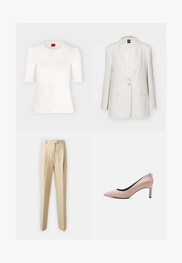 Blazer blanc avec revers crantés, fermeture à un bouton, deux poches avant et un tissu lisse au silhouette structurée.; T-shirt blanc ajusté à manches courtes avec col rond et étiquette de marque rouge à l'intérieur du col.; Pantalons beiges ajustés avec une coupe droite, dotés de plis, d'une ceinture et d'une texture lisse. Pas de poches visibles ni d'ornements.; Chaussure à talon haut beige à bout pointu avec un talon aiguille mince sur un fond blanc uni.