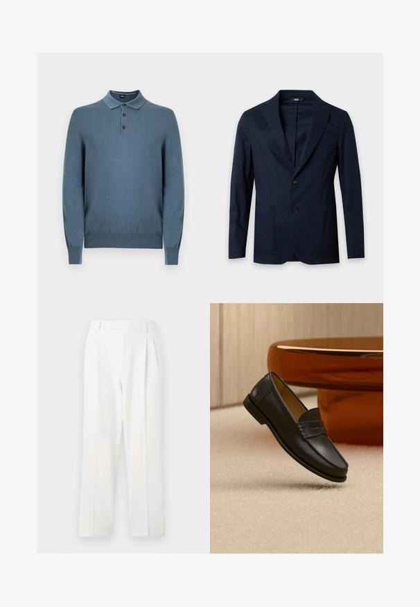Blazer bleu marine pour homme avec deux boutons, col à revers cranté, deux poches plaquées à l'avant et une poche poitrine passepoilée sur fond clair.; Pull polo bleu à manches longues en tissu tricoté, avec un col classique, une patte de boutonnage à trois boutons, des poignets et un ourlet côtelés.; Pantalon blanc sur mesure avec une coupe droite, présentant des plis, un devant plat et une texture de tissu lisse. Aucune poche ni accent visible.; Chaussure mocassin en cuir noir suspendue au-dessus d’un tapis beige avec du mobilier moderne couleur ambre en arrière-plan.