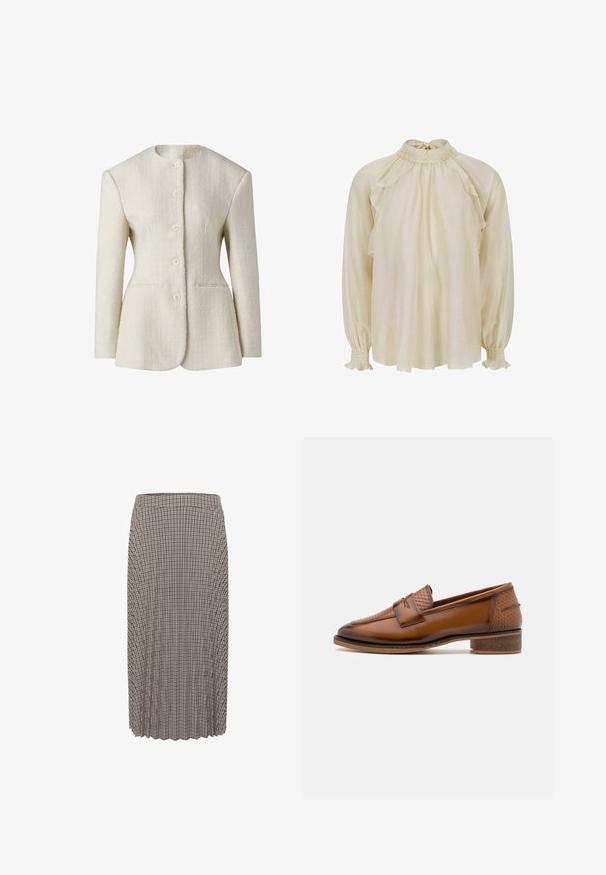 Blazer femme couleur crème, texturé, avec manches longues, col rond et cinq boutons sur le devant.; Blouse couleur crème en tissu léger, avec un col montant à volants, épaules tombantes et poignets froncés ornés de volants.; Jupe plissée mi-longue avec un petit motif à carreaux marron et beige et une taille élastique.; Mocassins en cuir marron avec un panneau avant tissé texturé, bout rond et petit talon empilé. Finition lisse avec des détails de couture subtils.