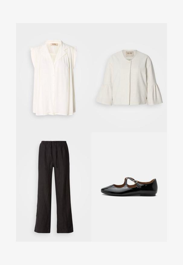 Veste courte en lin blanc avec un col rond, fermeture à boutons à l'avant et manches cloche. Tissu texturé avec une finition lisse.; Blouse sans manches blanche avec col, fermeture à boutons sur le devant et détails plissés aux épaules. Texture douce et design fluide.; Pantalons noirs amples avec une taille élastique et un cordon de serrage. Fabriqués dans un tissu léger avec une texture lisse et des jambes droites.; Chaussure plate Mary Jane en cuir verni noir avec deux découpes et une bride à boucle dorée sur fond blanc.