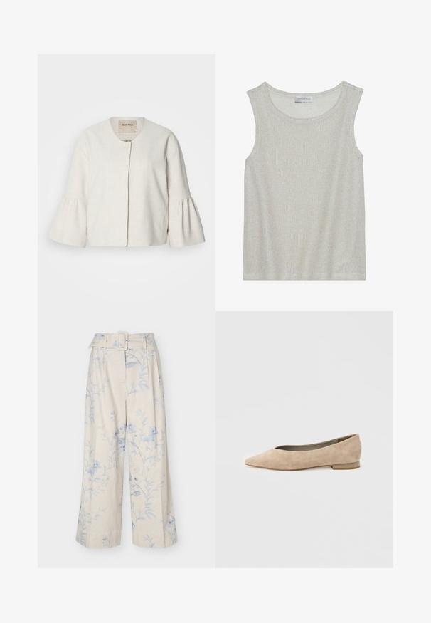 Veste courte en lin blanc avec un col rond, fermeture à boutons à l'avant et manches cloche. Tissu texturé avec une finition lisse.; Haut sans manches gris clair en tissu tricoté doux et texturé. Présente un col rond et une coupe ample. L'étiquette indique "ANNA FIELD" à l'intérieur.; Pantalon crème à jambes larges avec imprimé floral bleu clair et ceinture en tissu assortie avec boucle rectangulaire.; Chaussure plate pour femme en daim beige avec un bout pointu et un petit talon, vue de côté sur un fond clair uni.