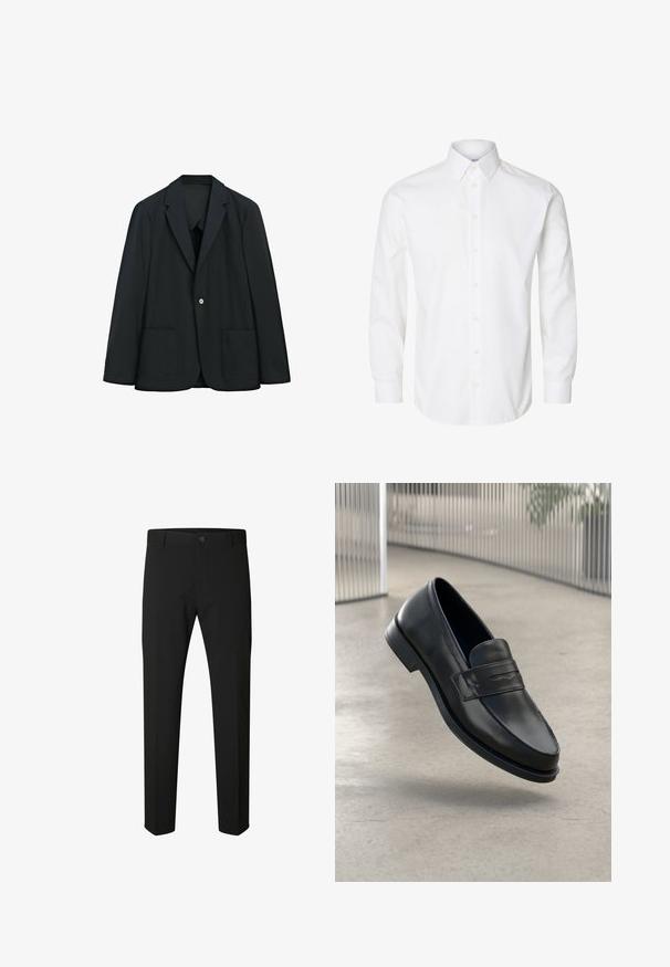 Schwarzer Ein-Knopf-Blazer mit zwei Vordertaschen und Revers mit Einkerbung, auf weißem Hintergrund dargestellt.; Weißes langärmeliges Hemd mit spitzem Kragen, sichtbaren Knöpfen auf der Vorderseite und geknöpften Manschetten.; Schwarze Slim-Fit-Hose mit Knopf- und Reißverschluss, Gürtelschlaufen und geraden Beinen auf weißem Hintergrund.; Schwarzer Lederloafer mit glatter Textur, spitzer Zehe und einem dekorativen Riemen über dem Rist. Leichte Sohle, minimalistisches Design.