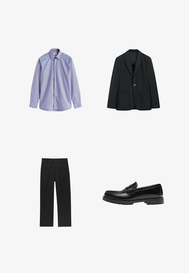 Sort enkeltknappet blazer med to forlommer og hakket revers, vist på hvid baggrund.; Button-up skjorte med lange ærmer, lyseblåt stof med vertikale røde striber, standard krave og knaplukning.; Sorte bukser med lige ben, lavet af et glat stof. Har frontfolder og en enkelt knaplukning i taljen.; Sort læderloafer med en kraftig gummisål og klassiske penny-strap detaljer, vist fra ydersiden.