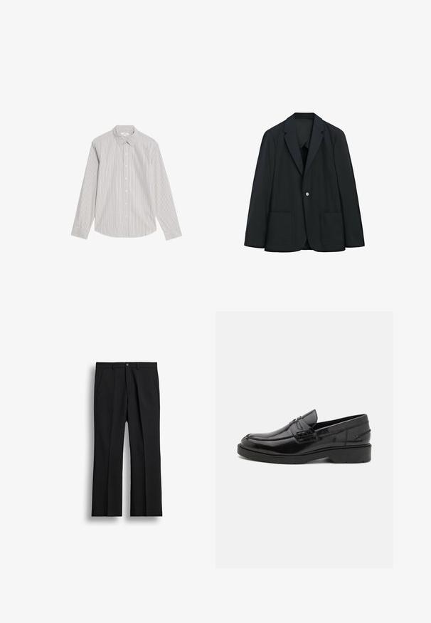 Sort enkeltknappet blazer med to forlommer og hakket revers, vist på hvid baggrund.; Marks & Spencer STRIPED OXFORD - Skjorter - natural mix; Sorte straight-leg bukser med frontknap, lynlås, bæltestropper og sidelommer på ens hvid baggrund.; Sorte læder loafers med en glat finish, rund tå, lav hæl og dekorativ syning langs forsiden. Gummisål for godt greb.