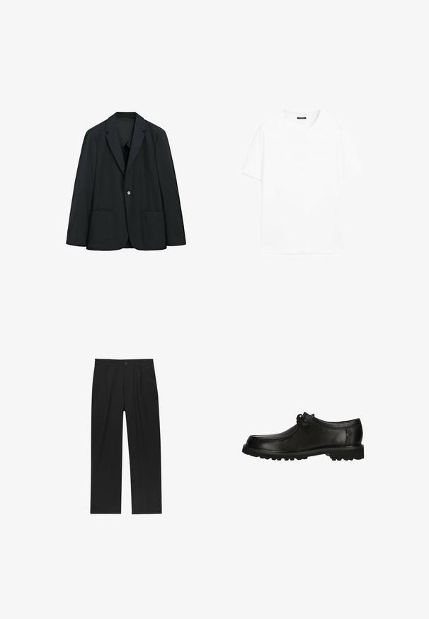 Sort enkeltknappet blazer med to forlommer og hakket revers, vist på hvid baggrund.; Hvid, kortærmet T-shirt med rund hals og en lille sort label ved halsudskæringen på en hvid baggrund.; Sorte bukser med lige ben, lavet af et glat stof. Har frontfolder og en enkelt knaplukning i taljen.; Sorte lædersko med rund tå, snøredetaljer og en tekstureret sål med godt greb. Den glatte finish forbedrer det samlede design.