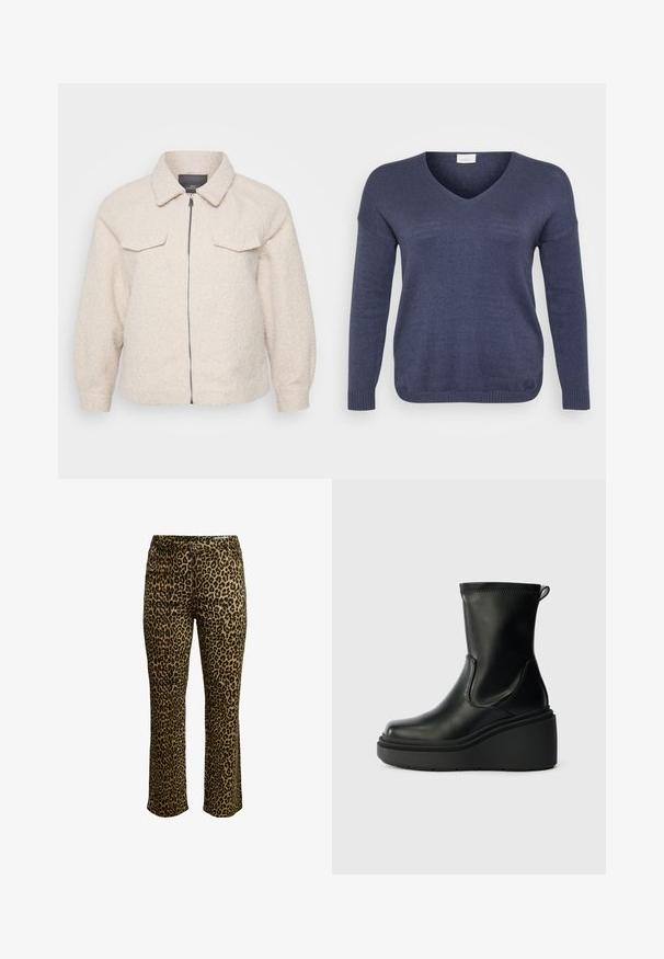 Lys beige fleecejakke med lynlås, krave og to forlommer. Har et tekstureret stof og en afslappet pasform.; Marineblå strikketrøje med V-hals, lange ærmer og ribbede manchetter. Materialet virker blødt med en fin tekstur. Ingen synlige mønstre.; Leopardmønstret bukser med slim fit, knaplukning og syning i taljen samt let stræk for komfort.; Sorte læder ankelstøvler med kilehæle, glat tekstur, afrundet tå, elastiske sider og en strop bagpå.