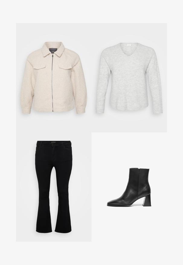 Helle beige Fleecejacke mit Reißverschluss, Kragen und zwei vorderen Taschen. Sie zeichnet sich durch einen strukturierten Stoff und eine lockere Passform aus.; Hellgrauer Langarmpullover mit geripptem Textur, V-Ausschnitt und leicht abgerundetem Saum. Weiches Material mit subtilen Mustervariationen.; Schwarze Schlagjeans aus Denim mit Knopfverschluss, fünf Taschen und einer glatten Textur. Klassisches Design mit ausgestellt geschnittenem Saum.; Schwarzer Leder-Stiefelette mit spitzem Fuß, mittelhohem geometrischem Absatz und glatter Textur. Schlichtes Design ohne sichtbare Beschläge oder Akzente.