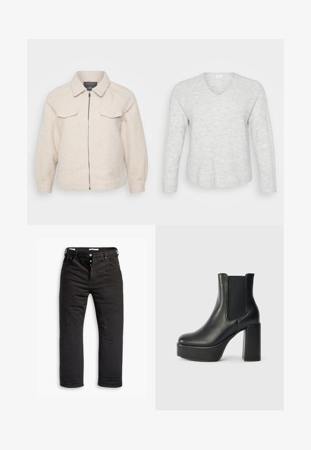 Helle beige Fleecejacke mit Reißverschluss, Kragen und zwei vorderen Taschen. Sie zeichnet sich durch einen strukturierten Stoff und eine lockere Passform aus.; Hellgrauer Langarmpullover mit geripptem Textur, V-Ausschnitt und leicht abgerundetem Saum. Weiches Material mit subtilen Mustervariationen.; Schwarze Denim-Jeans mit geradem Bein, ausgestattet mit einem Knopfverschluss, fünf Taschen und dezentem Stickdetail. Angenehme Textur.; Schwarze Leder-Stiefelette mit klobigem Blockabsatz, elastischen Seitenpaneelen und glatter Oberfläche. Verfügt über eine Plateausohle für zusätzlichen Schwung.
