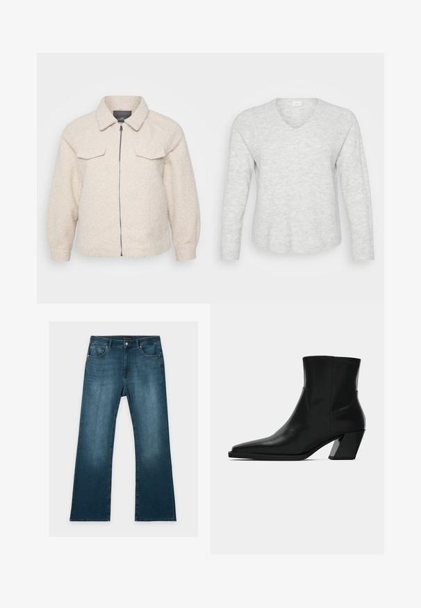 Lys beige fleecejakke med lynlås, krave og to forlommer. Har et tekstureret stof og en afslappet pasform.; Lys grå langærmet sweater med ribbet tekstur, V-hals og en let buet kant. Blødt materiale med subtile mønstervariationer.; Blå jeans med lige ben, foran- og baglommer, knap- og lynlåslukning og subtile falmede detaljer på lår og knæ.; Sortlæder ankelstøvle med spids tå, en slank silhuet og en kraftig firkantet hæl. Glat tekstur med minimale stikninger.