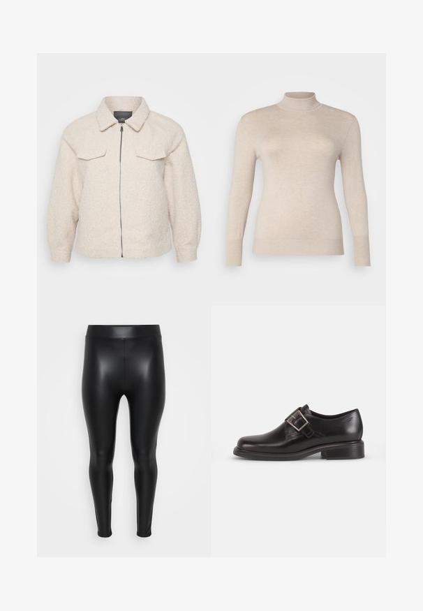 Lichtbeige fleece jas met een ritssluiting, kraag en twee voorzakken. Heeft een gestructureerde stof en een relaxte pasvorm.; Beige coltrui gemaakt van een zachte stof, met lange mouwen en geribbelde manchetten. Gladde textuur zonder patronen of versieringen.; Zwarte leggings van een glad, glanzend materiaal. Hoge tailleband, strakke pasvorm en geen zichtbare naden of patronen.; Zwarte lederen dresscode schoenen met een afgeronde neus, een zijriem met gespsluiting en een gestructureerde zool, tegen een eenvoudige witte achtergrond.