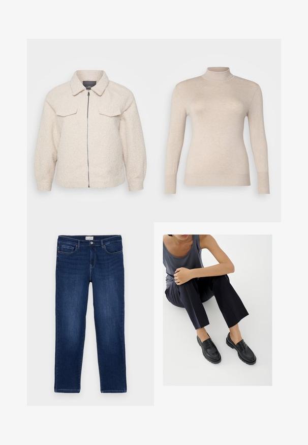 Chaqueta de forro polar de color beige claro con cierre de cremallera, cuello y dos bolsillos delanteros. Presenta una tela texturizada y un corte relajado.; Suéter de cuello alto beige hecho de una tela suave, con mangas largas y puños acanalados. Textura lisa sin patrones ni adornos.; Jeans de mezclilla azul oscuro con corte recto, diseño de cinco bolsillos, costuras visibles y un cierre de botón metálico en la cintura.; Mocasines de cuero negro con detalles texturizados, tacón bajo, puntera redonda y costuras visibles. Modelo vistiendo pantalones oscuros y una blusa gris.