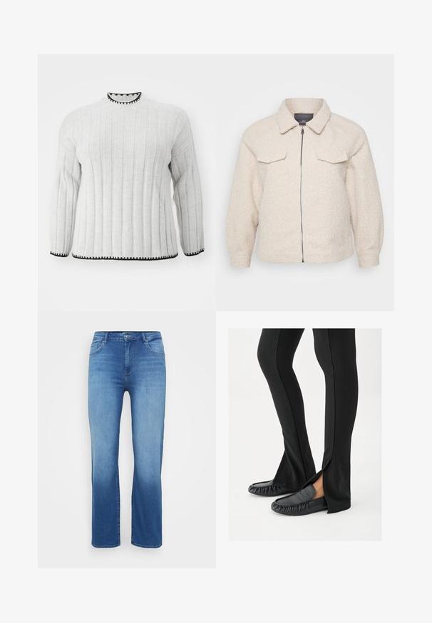 Veste en polaire beige clair avec fermeture éclair, col et deux poches avant. Présente un tissu texturé et une coupe décontractée.; Pull en maille côtelée gris clair à manches longues, avec une bordure noire au col haut et à l'ourlet. Texture douce et design décontracté.; Jean en denim bleu clair avec une coupe droite, un design à cinq poches et un effet délavé à l'ourlet. Fermeture à bouton à la taille.; Jambes portant un pantalon noir évasé avec des fentes latérales, associé à des mocassins en cuir noir, sur un fond blanc.