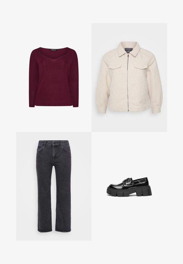 Lys beige fleecejakke med lynlås, krave og to forlommer. Har et tekstureret stof og en afslappet pasform.; Burgunderfarvet ribbestrik sweater med V-hals, lange ærmer og subtile pilformede detaljer på forsiden. Blødt stof med en struktureret overflade.; Sorte denim jeans med lige ben design, fem lommer og knaplukning. Stoffet har en let falmet tekstur og robust syning.; Sort laker i patenteret læder med en kraftig sort platformsål og dekorative øjer. Glat tekstur med rund tå og snøredetalje.
