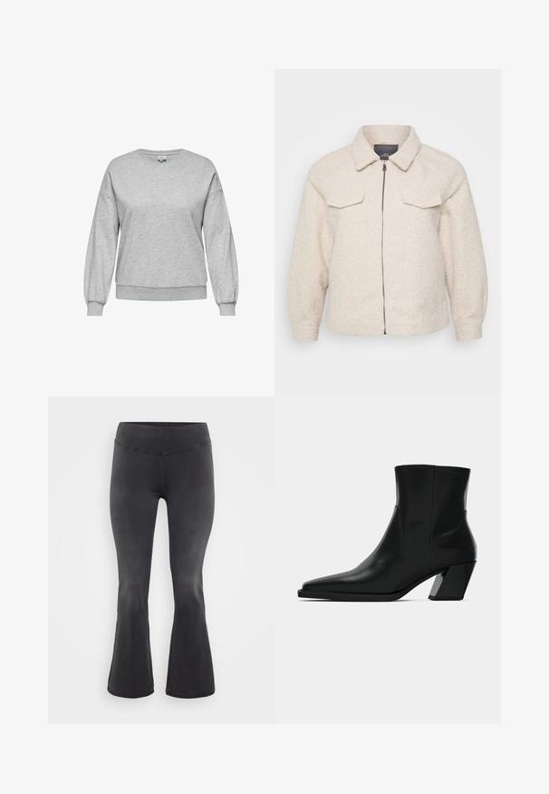 Veste en polaire beige clair avec fermeture éclair, col et deux poches avant. Présente un tissu texturé et une coupe décontractée.; Sweat-shirt gris en mélange de coton, avec un col rond, des manches longues bouffantes, et des bord-côtes au niveau des poignets et de l'ourlet.; ONLY Carmakoma Flared fit CARROYAL Mid waist - Jean flare - washed black; Bottine en cuir noir avec un bout pointu, une silhouette élégante et un talon carré massif. Texture lisse avec des détails de couture minimalistes.