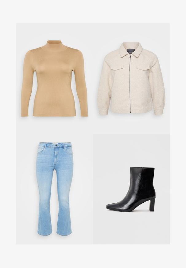 Veste en polaire beige clair avec fermeture éclair, col et deux poches avant. Présente un tissu texturé et une coupe décontractée.; Haut en beige à col roulé, à manches longues, avec une texture côtelée, une coupe ajustée et un col haut. Matériau lisse sans embellissements visibles.; Jeans en denim bleu clair avec une taille ajustée, une ouverture de jambe évasée, un design à cinq poches et une légère décoloration dans la texture du tissu.; Bottine noire en cuir brillant, avec un bout pointu et un talon carré moyen, présentant une texture lisse et un design simple.