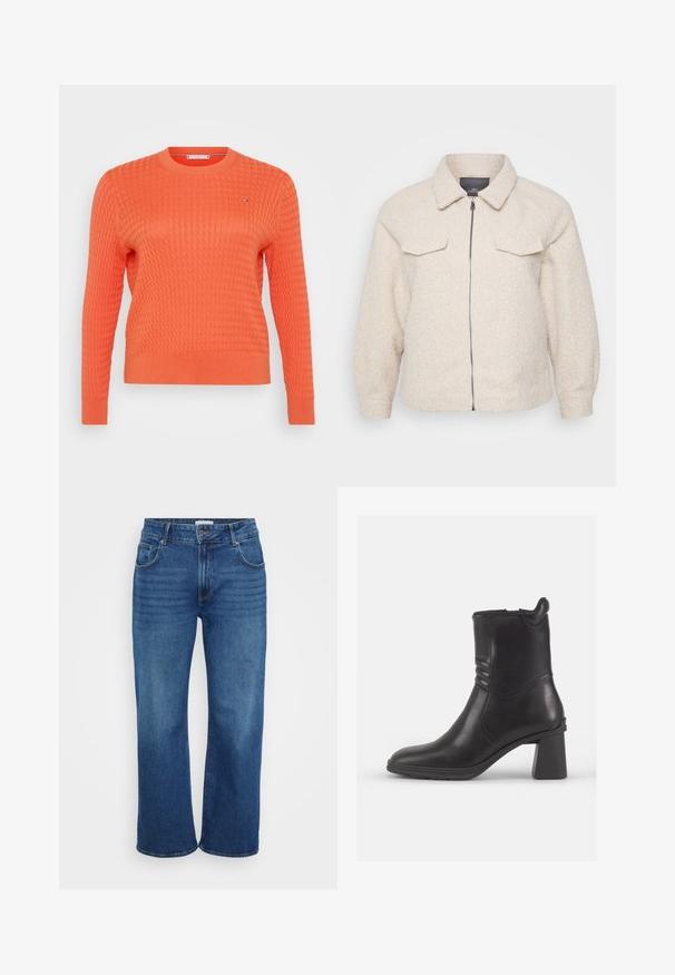 Chaqueta de forro polar de color beige claro con cierre de cremallera, cuello y dos bolsillos delanteros. Presenta una tela texturizada y un corte relajado.; Suéter de punto naranja con un patrón texturizado tipo gofre, cuello redondo y mangas largas. Detalle de pequeño logo en el pecho.; Jeans de pierna ancha en denim azul oscuro. Cuenta con cinco bolsillos, trabillas para cinturón y un leve desgastado a lo largo de las piernas. Textura suave con un ajuste estándar.; Botín negro de cuero hasta el tobillo con punta redonda, paneles laterales texturizados y un tacón grueso. Acabado suave y diseño minimalista.