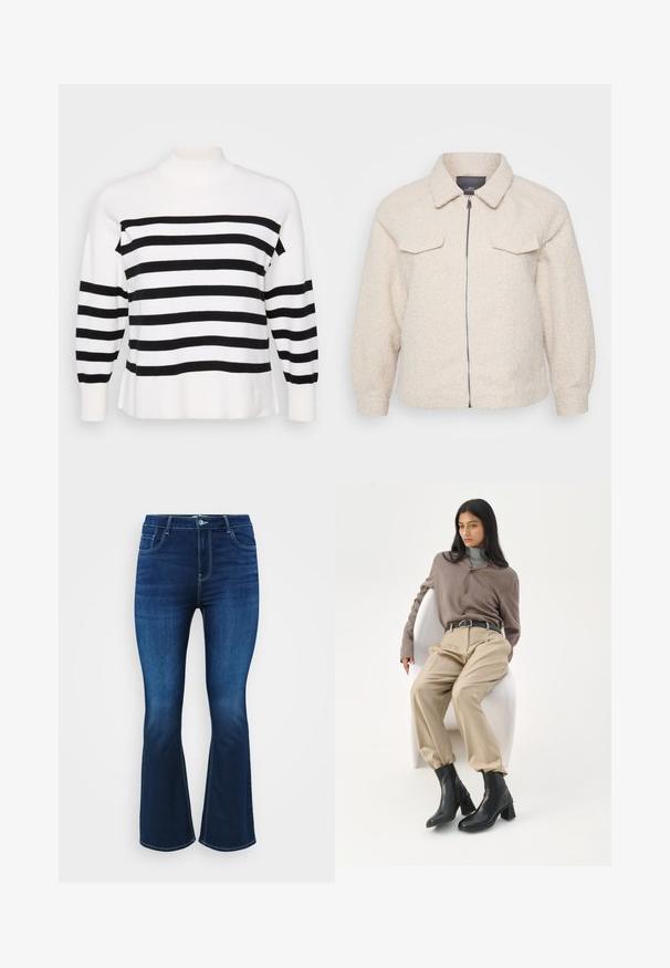 Veste en polaire beige clair avec fermeture éclair, col et deux poches avant. Présente un tissu texturé et une coupe décontractée.; Pull à rayures noir et blanc avec un col montant, des poignets côtelés et une coupe décontractée. Texture douce en tricot avec des motifs horizontaux réguliers.; Jean évasé bleu foncé en denim, avec un design à cinq poches, une fermeture éclair avec un bouton, et une couture contrastante le long des coutures.; Femme aux longs cheveux noirs appuyée sur une chaise blanche courbée, portant un chemisier taupe, un pantalon beige, une ceinture noire et des bottines noires à talons.