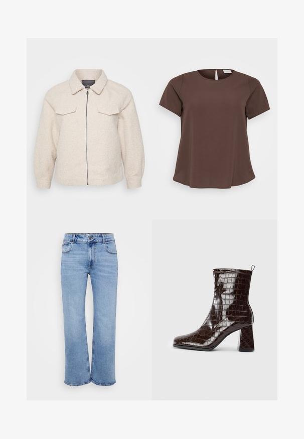 Helle beige Fleecejacke mit Reißverschluss, Kragen und zwei vorderen Taschen. Sie zeichnet sich durch einen strukturierten Stoff und eine lockere Passform aus.; Braunes kurzärmliges Oberteil mit Rundhalsausschnitt und kleinem Rückenausschnitt. Hergestellt aus weichem Stoff mit leicht ausgestelltem Saum.; Hellblaue weit geschnittene Jeans aus Denim, ausgestattet mit fünf Taschen, einem Reißverschluss vorne und einem Knopfverschluss. Dezente Nähtdetails entlang der Nähte.; Dunkelbraune Lackleder-Ankle Boots mit Krokodillederstruktur, Blockabsatz und Zuglasche hinten vor weißem Hintergrund.