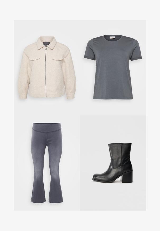 Chaqueta de forro polar de color beige claro con cierre de cremallera, cuello y dos bolsillos delanteros. Presenta una tela texturizada y un corte relajado.; Camiseta gris de manga corta hecha de una tela suave, con un clásico escote redondo y mangas enrolladas. Textura lisa sin patrones visibles.; Pantalones acampanados grises con una cinturilla ancha. Tejido suave con un ligero brillo, que va de oscuro en la parte superior a más claro hacia la parte inferior.; Botín de cuero negro con puntera redonda, detalles en la costura lateral y tacón grueso de bloque. Textura lisa y diseño minimalista.