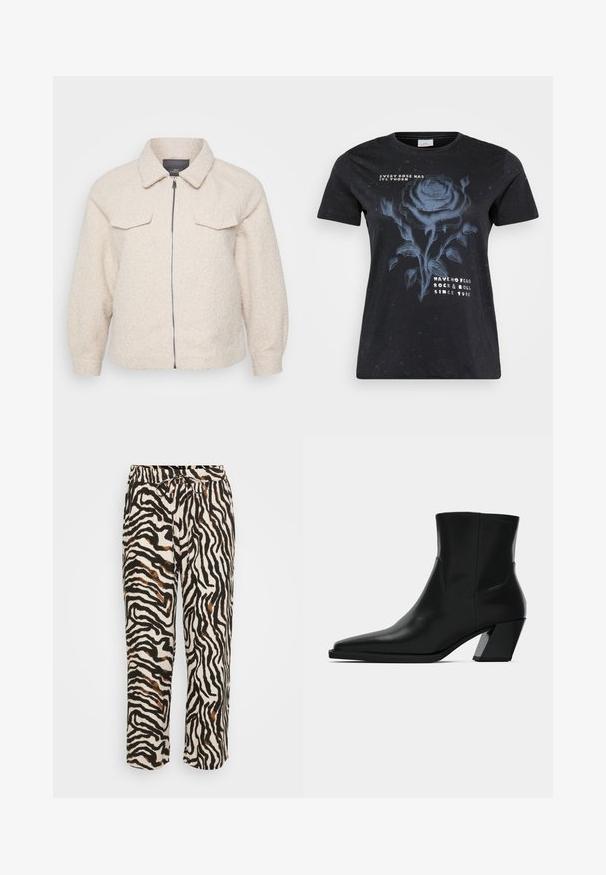 Vaalea beige fleecetakki, jossa on vetoketjukiinnitys, kaulus ja kaksi etutaskua. Takissa on teksturoitu kangas ja rento istuvuus.; ONLY Carmakoma CARMIKO WASHED SS REG TEE JRS - Printtipaita - black; Housut naru-nyörillä kevyestä kankaan, jossa on mustavalkoinen seepra-kuvio ja ruskeita yksityiskohtia. Rentoa fit ja lyhyt pituus.; Mustat nahkasaappaat nilkkapituisena, teräväkärkiset, sulavalinjaiset ja paksupohjaiset neliön malliset korot. Sileä pinta, jossa on minimaalista tikkausta.