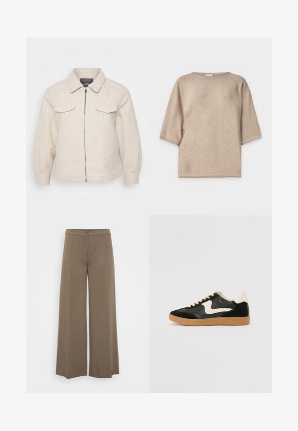 Chaqueta de forro polar de color beige claro con cierre de cremallera, cuello y dos bolsillos delanteros. Presenta una tela texturizada y un corte relajado.; Jersey de punto beige de manga corta con escote redondo y corte holgado, presentado sobre un fondo blanco liso.; Pantalones de pierna ancha en un tejido marrón sólido, con cierre de botón, frente plano y textura suave, diseñados para un ajuste relajado.; Zapatillas de deporte de ante y cuero negro con un swoosh lateral en crema y un talón en crema claro. Presenta cordones beige y una suela de goma marrón.