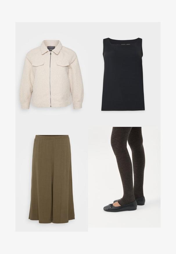 Lys beige fleecejakke med lynlås, krave og to forlommer. Har et tekstureret stof og en afslappet pasform.; Sort ærmeløs tanktop med firkantet halsudskæring, vist på en enkel lys baggrund.; Olivenfarvede bukser med bred ben, lavet af letvægtsmateriale. Har en elastisk talje og en afslappet pasform, med en glat, flydende tekstur.; Ben iført mørke ribbede leggings kombineret med sorte balletsko med små sløjfedetaljer på hvid baggrund.
