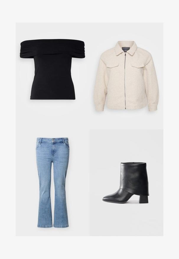 Lys beige fleecejakke med lynlås, krave og to forlommer. Har et tekstureret stof og en afslappet pasform.; Sort off-shoulder top lavet af blødt stof. Har draperede detaljer langs ærmerne og en tætsiddende silhuet.; Lyseblå denimjeans med vide ben, dobbelt knaplukning, forlommer og diskret falmning på lårene.; Sort læder ankelstøvle med spids tå, glat tekstur og en struktureret blokhæl. Har et højt, foldet kravedesign.