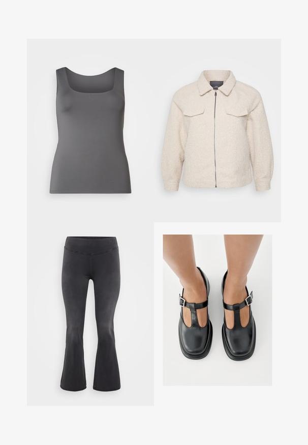Lichtbeige fleece jas met een ritssluiting, kraag en twee voorzakken. Heeft een gestructureerde stof en een relaxte pasvorm.; Grijze tanktop met een vierkante halslijn. Gemaakt van een gladde stof, met een aansluitende silhouet en brede schouderbanden.; ONLY Carmakoma Flared fit CARROYAL Mid waist - Flared Jeans - washed black; Zwarte leren schoenen met een T-bandontwerp, gesloten teensluiting en zilverkleurige gespdetails. Glad oppervlak met een ronde neus en platte zool.