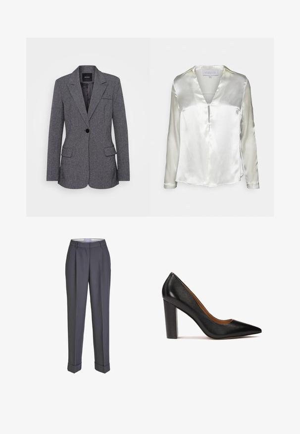 Blazer gris en tissu texturé, avec un col à revers, une fermeture à un bouton, deux poches avant et une poche poitrine.; STUDIO ID ALYSSA - Blouse - champagne; Pantalon gris foncé sur mesure avec plis avant, passants de ceinture et revers pliés, présenté sur fond blanc.; Escarpin noir en cuir avec un bout pointu, finition texturée et un talon épais. Design simple avec une doublure intérieure lisse.