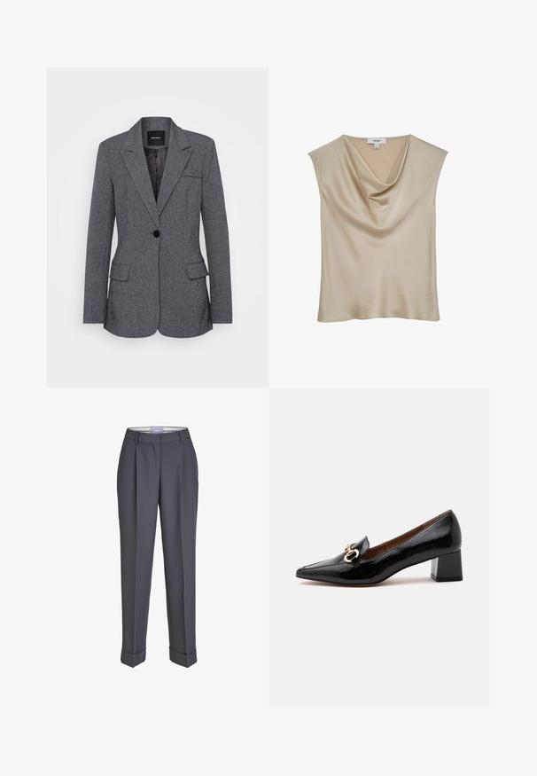 Grijze blazer van gestructureerde stof, met een gelapte kraag, sluiting met één knoop, twee voorkruiken en een borstzak.; Beige satijnen mouwloze blouse met watervalhalslijn, gelabeld "REISS", getoond tegen een witte achtergrond.; Donkergrijze op maat gemaakte broek met een recht gesneden ontwerp, geplooid voorpand en omslagmanchetten. Gemaakt van soepel materiaal, met een klassieke tailleband.; Zwarte lakleren loafer met lage blokhak, gouden kettinkdetail bovenop, puntige neus en bruine voering.