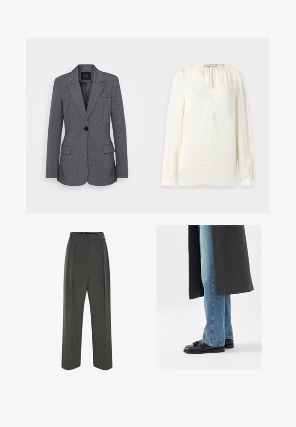 Grijze blazer van gestructureerde stof, met een gelapte kraag, sluiting met één knoop, twee voorkruiken en een borstzak.; Een crèmekleurige blouse met lange mouwen, een V-hals en subtiele plooien bij de hals, getoond op een effen achtergrond.; Grijze wijde broek van gestructureerde stof, met een hoge taille en plooien aan de voorkant. Het ontwerp heeft een gladde tailleband en geen zichtbare sluitingen.; Zwarte leren instappers met kwastjes, gedragen met lichtblauwe rechtlopende jeans, aangevuld met een donkergrijze jas. Schone lijnen en textiel met structuur.