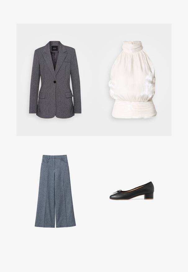 Blazer gris de tejido texturizado, con solapa con muesca, cierre de un botón, dos bolsillos frontales y un bolsillo en el pecho.; Top halter blanco en tela ligera y brillante. Presenta textura fruncida y cintura ajustada con diseño de cuello alto. Cierre con cremallera en la parte posterior.; Pantalones de lana gris de pierna ancha con una textura suave, que presentan una cintura alta, dos bolsillos laterales y pliegues sutiles.; Bailarina de piel negra con punta redondeada, pequeño tacón cuadrado y ribete de tela. Presenta un lazo decorativo en la zona de los dedos.