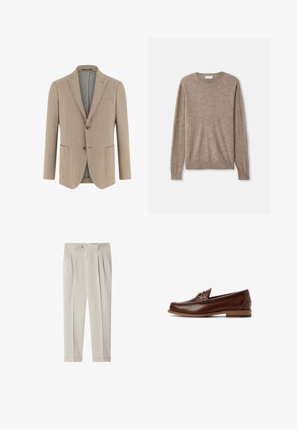 Blazer de hombre beige en espiga con solapas con muesca, dos botones, tres bolsillos frontales y un forro interior gris claro.; Jersey beige hecho de material de punto fino. Presenta un escote redondo, mangas largas y puños y dobladillo acanalados. Diseño simple y clásico.; Pantalones beige claro a medida con pinzas, trabillas para cinturón, bolsillos laterales, cierre de botón y dobladillos con vuelta.; Mocasines de cuero marrón con un detalle trenzado y un acento dorado. Tacón plano de madera con agarre de goma negra. Textura suave, diseño clásico.