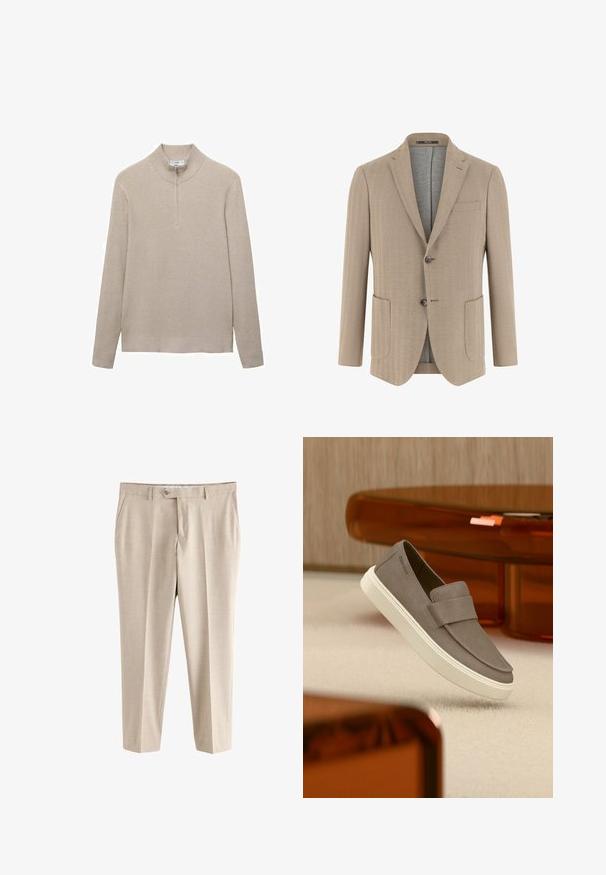Blazer de hombre beige en espiga con solapas con muesca, dos botones, tres bolsillos frontales y un forro interior gris claro.; Suéter beige con canalé, cuello alto y cierre de media cremallera. Las mangas largas y el diseño ajustado del dobladillo realzan el aspecto texturizado.; Pantalones formales beige con trabillas para cinturón, bolsillos laterales, cierre de botones y cremallera, mostrados sobre un fondo blanco.; Zapato de ante gris sin cordones con suela blanca suspendido sobre una alfombra beige, con muebles translúcidos naranjas al fondo.