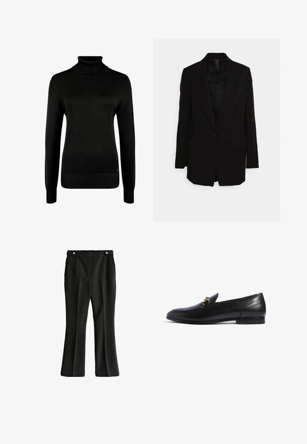 Blazer negro con solapa de muesca, cierre de un solo botón, dos bolsillos delanteros y una tela texturizada. Corte entallado con mangas largas.; Jersey negro de manga larga con cuello alto, puños y dobladillo acanalados, mostrado sobre un fondo blanco.; Pantalones de campana negros con una textura suave, cinturilla elástica con botones y dos bolsillos laterales para mayor funcionalidad.; Scarosso ALESSANDRA - Zapatos sin cordones - black calf