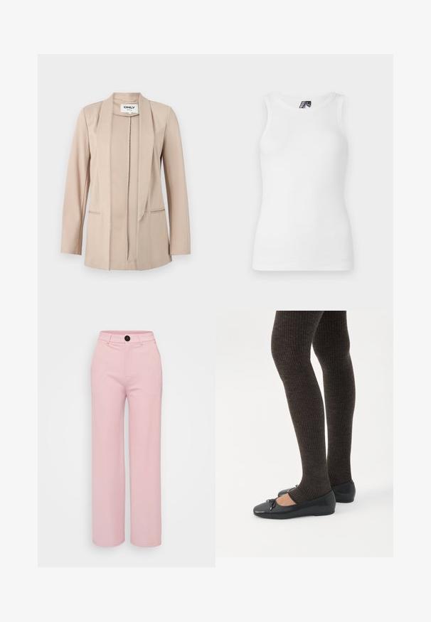 Beige åbent frontblazer med lange ærmer, sjalkrave og to forlommer, fremstillet af Only mærket.; Hvid ribbet tanktop med rund halsudskæring og ærmeløst design, lavet af en blød bomuldsblanding med en tætsiddende silhuet.; Lys rosa bred benbukser med en glat tekstur, der har en sort knap og et klassisk talje design. Ingen ekstra lommer synlige.; Ben iført mørke ribbede leggings kombineret med sorte balletsko med små sløjfedetaljer på hvid baggrund.
