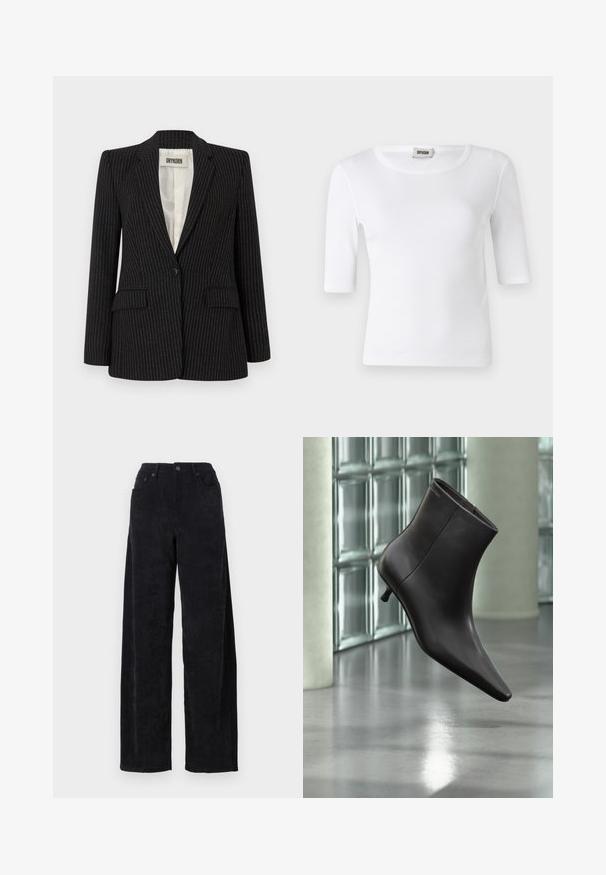 Blazer negro de rayas con un cierre de un solo botón, solapas de muesca, dos bolsillos frontales y un forro interior suave.; Camiseta blanca de canalé con escote redondo y mangas de longitud hasta el codo. Fabricada con un material suave de textura lisa. Etiqueta visible en el escote.; Pantalones de sarga ancha negros con una cintura alta, que cuentan con dos bolsillos frontales y una sutil textura de canalé vertical.; Bota de cuero negro para el tobillo con puntera puntiaguda y tacón pequeño, exhibida frente a una pared de bloques de vidrio y un suelo pulido.