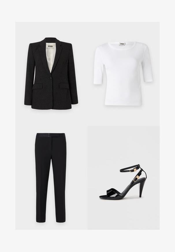 Sort blazer med stikstriber, enkelt knaplukning, klapflipper, to frontlommer og en glat inderside.; Hvid ribbet T-shirt med rund halsudskæring og ærmer til albuerne. Fremstillet af blødt stof med en glat overflade. Etiketten er synlig ved halsudskæringen.; Sorte bukser med en glat tekstur, lige snit og en satinlinning. Har minimal detaljering og ingen synlige mønstre eller accenter.; Sorte patentlæder højhælede sandaler med dobbelte ankelremme og guldspænder, åben tå og slank taperet hæl på neutral baggrund.