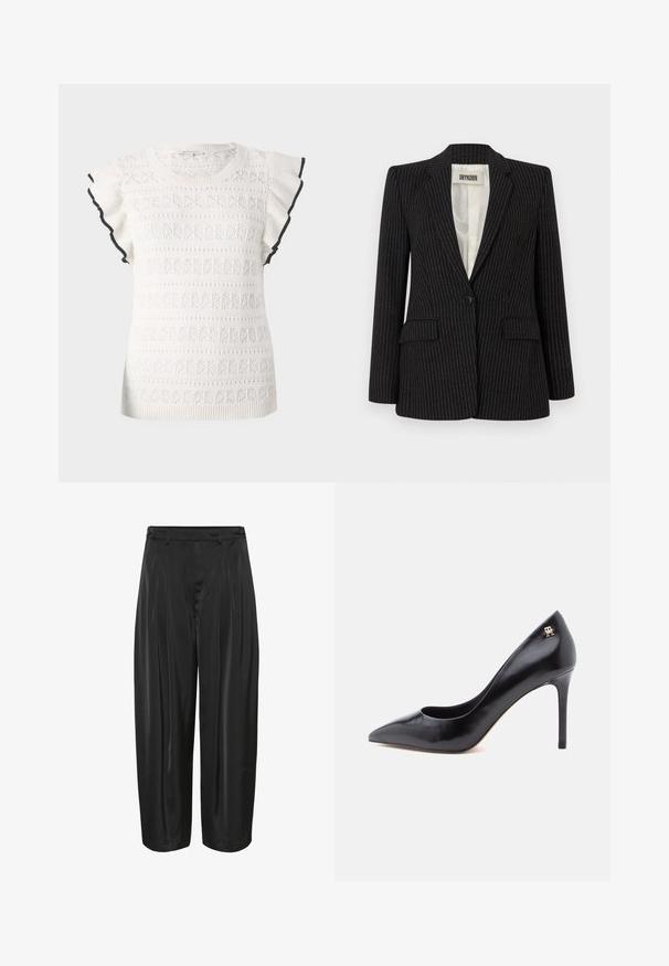 Sort blazer med stikstriber, enkelt knaplukning, klapflipper, to frontlommer og en glat inderside.; Hvid strikket top med et tekstureret mønster og flæseærmer. Accentueret med en sort kant langs ærmet.; Sorte vide bukser med frontfolder, bæltestropper og knapjustering i siden, lavet af shiny stof.; Sort læderpump med høje hæle og spids tå, der har et udskåret design og en lille gulddetalje med logo på hælen.