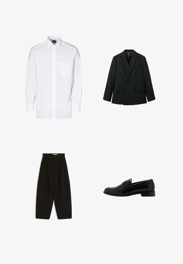 Schwarzer, doppelt geknöpfter Blazer aus glattem Stoff mit Reverskragen, zwei Vorderseiten-Taschen und Knopfverschluss. Maßgeschneiderte, strukturierte Form.; Weißes Hemd mit langen Ärmeln, Knopfleiste, einer Brusttasche, klassischem Kragen und glatter Textur.; Schwarze, weit geschnittene Hosen aus weichem Stoff, mit plissiertem Vorderteil, Knopfverschluss und Seitentaschen für zusätzliche Funktionalität.; Schwarzer Lederloafer mit niedrigem Absatz, rundem Zehenbereich und einem klassischen Penny-Riemen auf dem Spann.