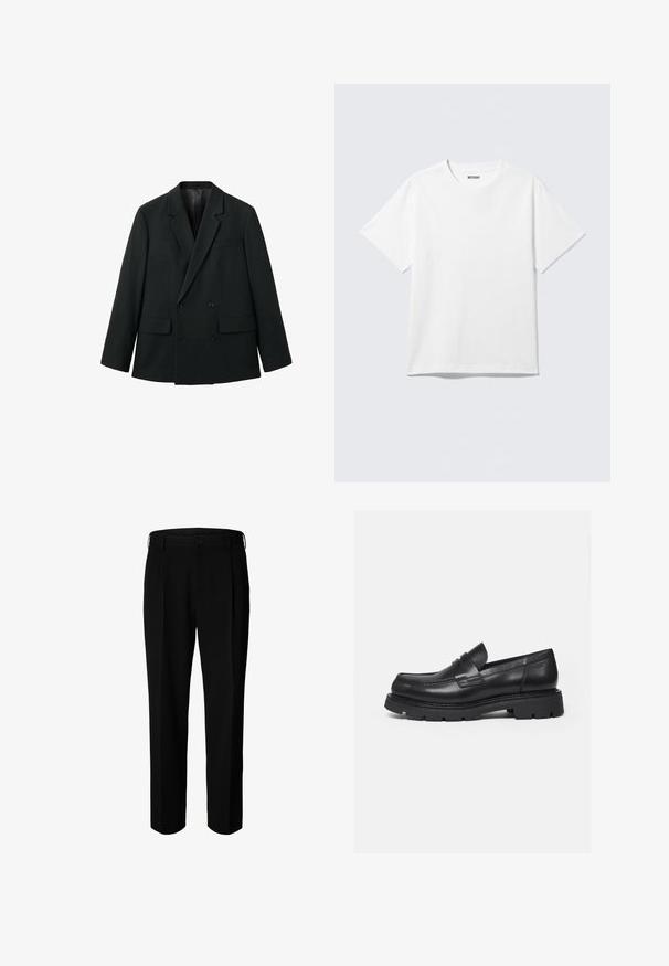 Schwarzer, doppelt geknöpfter Blazer aus glattem Stoff mit Reverskragen, zwei Vorderseiten-Taschen und Knopfverschluss. Maßgeschneiderte, strukturierte Form.; Weißes T-Shirt mit kurzen Ärmeln und Rundhalsausschnitt, flach liegend, schlichtes Design, mit „WEEKDAY“-Etikett innen im Kragen auf hellem Hintergrund.; Schwarze formelle Hose mit Gürtelschlaufen, Frontknopf und Reißverschluss, vor weißem Hintergrund dargestellt.; Schwarzer Lederloafer mit dicker, profilierter Sohle und Pennyriemen-Detail, von der rechten Seitenansicht auf weißem Hintergrund gezeigt.