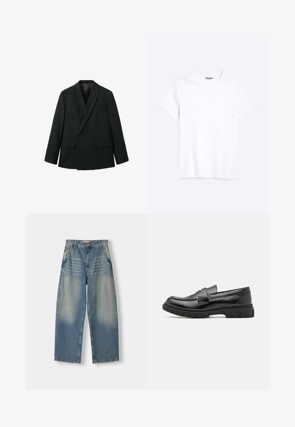 Schwarzer, doppelt geknöpfter Blazer aus glattem Stoff mit Reverskragen, zwei Vorderseiten-Taschen und Knopfverschluss. Maßgeschneiderte, strukturierte Form.; Schlichtes weißes T-Shirt mit kurzen Ärmeln und Rundhalsausschnitt mit gut sichtbarem WEEKDAY-Label am Kragen, dargestellt auf hellem Hintergrund.; Hellblaue Denim-Jeans im weit geschnittenen Stil mit einem ausgewaschenen Finish, Fünf-Taschen-Design und rohem Saum. Mit einem Knopf- und Reißverschluss vorne.; Schwarze Lederloafer mit einem breiten Riemen über dem Rist, Gummisohle mit dicken Profilen und glatter Textur. Klassisches, schlankes Design.